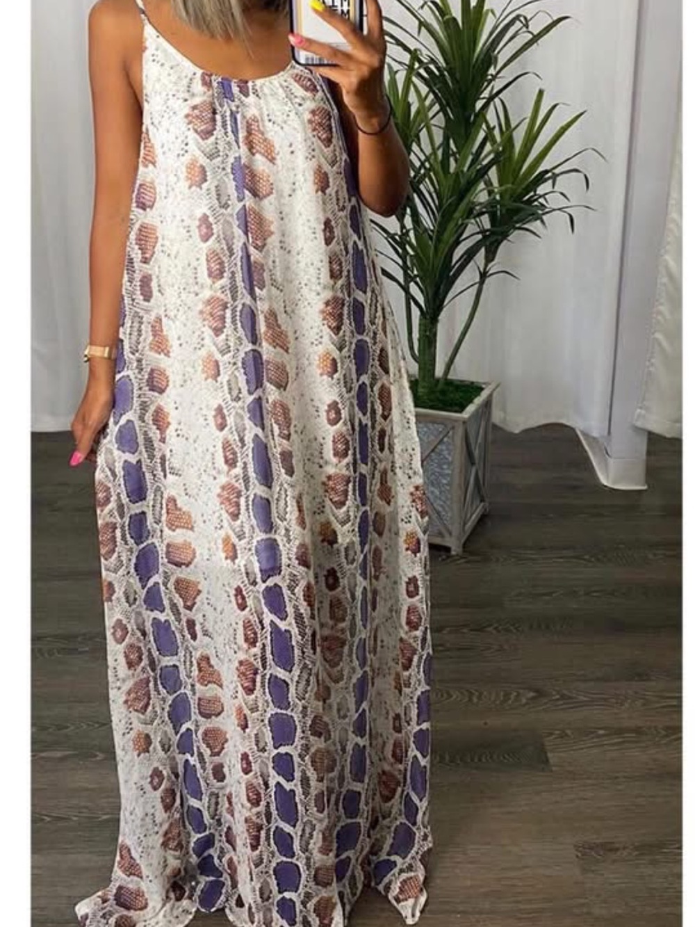 entro Snake-Print Sleeveless Maxi Dress in Cream, Brown & Purple w/pockets Small